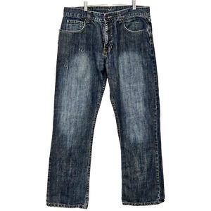 Flypaper Vintage Jeans Men’s 34W 32L Boot Cut Dark Distressed Denim 100% Cotton